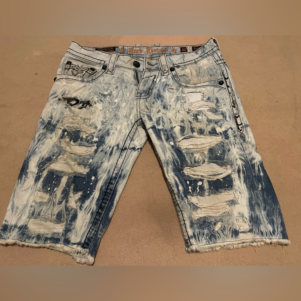 Rock Revival Distressed Blue Bleached look Jean Shorts Mens 32W